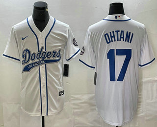 Men's Los Angeles Dodgers #17 Shohei Ohtani White With Patch Cool Base Stitched Baseball Jersey