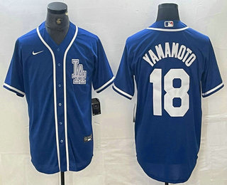 Men's Los Angeles Dodgers #18 Yoshinobu Yamamoto Blue Cool Base Stitched Baseball Jersey 01