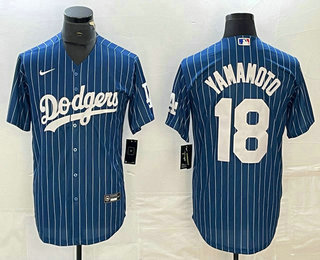 Men's Los Angeles Dodgers #18 Yoshinobu Yamamoto Blue Pinstripe Cool Base Stitched Baseball Jersey 11