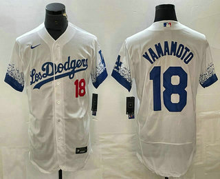 Men's Los Angeles Dodgers #18 Yoshinobu Yamamoto Name White 2022 City Connect Flex Base Stitched Jersey