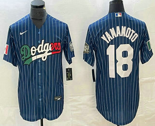 Men's Los Angeles Dodgers #18 Yoshinobu Yamamoto Navy Blue Pinstripe Mexico 2020 World Series Cool Base Nike Jersey 01