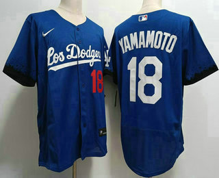 Men's Los Angeles Dodgers #18 Yoshinobu Yamamoto Number Blue 2021 City Connect Flex Base Stitched Jersey