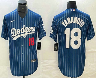 Men's Los Angeles Dodgers #18 Yoshinobu Yamamoto Number Blue Pinstripe Cool Base Stitched Baseball Jersey 11