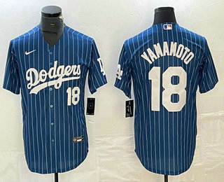 Men's Los Angeles Dodgers #18 Yoshinobu Yamamoto Number Blue Pinstripe Cool Base Stitched Baseball Jersey 12