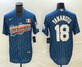 Men's Los Angeles Dodgers #18 Yoshinobu Yamamoto Number Blue Red Pinstripe Mexico Cool Base Nike Jersey 01