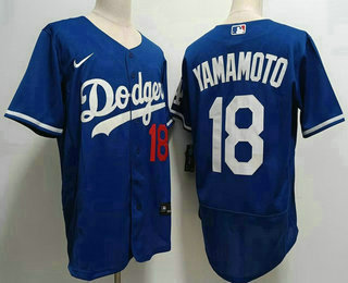 Men's Los Angeles Dodgers #18 Yoshinobu Yamamoto Number Blue Stitched Flex Base Nike Jersey