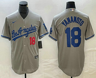 Men's Los Angeles Dodgers #18 Yoshinobu Yamamoto Number Grey Stitched Cool Base Nike Jersey