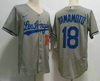 Men's Los Angeles Dodgers #18 Yoshinobu Yamamoto Number Grey With Los Stitched Flex Base Nike Jersey