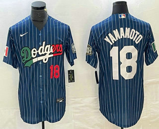 Men's Los Angeles Dodgers #18 Yoshinobu Yamamoto Number Navy Blue Pinstripe Mexico 2020 World Series Cool Base Nike Jersey 01