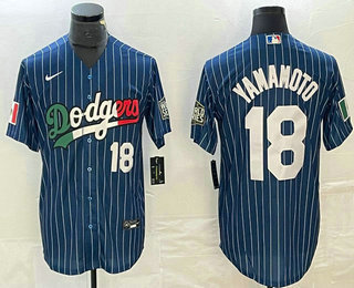 Men's Los Angeles Dodgers #18 Yoshinobu Yamamoto Number Navy Blue Pinstripe Mexico 2020 World Series Cool Base Nike Jersey 02