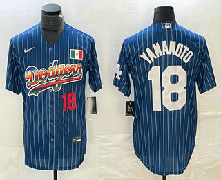 Men's Los Angeles Dodgers #18 Yoshinobu Yamamoto Number Rainbow Blue Red Pinstripe Mexico Cool Base Nike Jersey 01