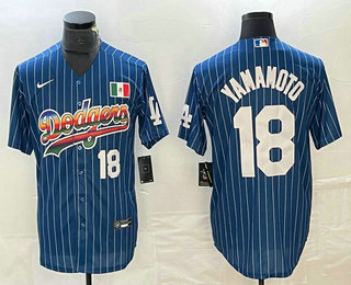 Men's Los Angeles Dodgers #18 Yoshinobu Yamamoto Number Rainbow Blue Red Pinstripe Mexico Cool Base Nike Jersey 02