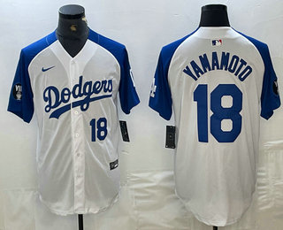 Men's Los Angeles Dodgers #18 Yoshinobu Yamamoto Number White Blue Fashion Stitched Cool Base Limited Jersey 11