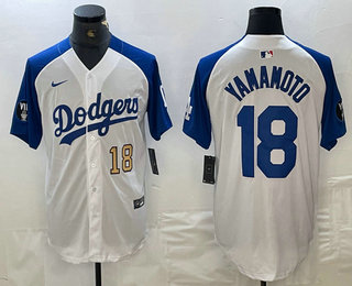 Men's Los Angeles Dodgers #18 Yoshinobu Yamamoto Number White Blue Fashion Stitched Cool Base Limited Jersey 12