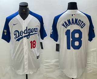 Men's Los Angeles Dodgers #18 Yoshinobu Yamamoto Number White Blue Fashion Stitched Cool Base Limited Jersey 13