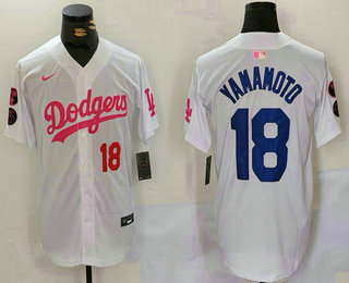 Men's Los Angeles Dodgers #18 Yoshinobu Yamamoto Nunber White Pink With Patch Limited Stitched Jersey