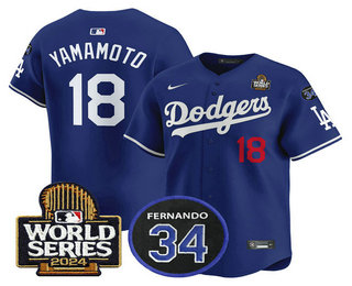 Men's Los Angeles Dodgers #18 Yoshinobu Yamamoto Royal 2024 World Series With Fernando 34 Patch Limited Stitched Jersey