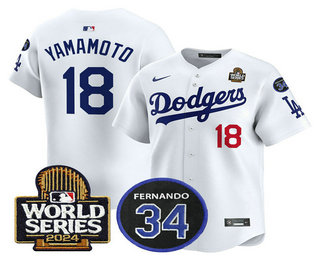 Men's Los Angeles Dodgers #18 Yoshinobu Yamamoto White 2024 World Series With Fernando 34 Patch Limited Stitched Jersey