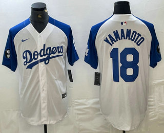 Men's Los Angeles Dodgers #18 Yoshinobu Yamamoto White Blue Fashion Stitched Cool Base Limited Jersey 11