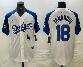 Men's Los Angeles Dodgers #18 Yoshinobu Yamamoto White Blue Fashion Stitched Cool Base Limited Jersey 12