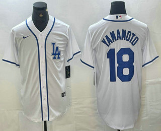 Men's Los Angeles Dodgers #18 Yoshinobu Yamamoto White Cool Base Stitched Baseball Jersey 01