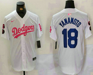 Men's Los Angeles Dodgers #18 Yoshinobu Yamamoto White Pink With Patch Limited Stitched Jersey