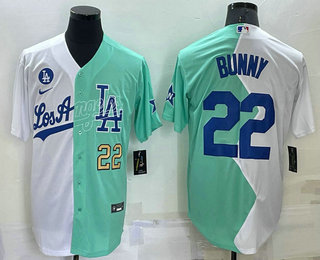 Men's Los Angeles Dodgers #22 Bad Bunny White Green 2022 All Star Cool Base Stitched Baseball Jersey 01