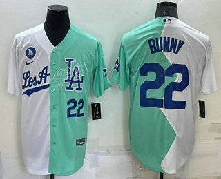 Men's Los Angeles Dodgers #22 Bad Bunny White Green 2022 All Star Cool Base Stitched Baseball Jersey 02