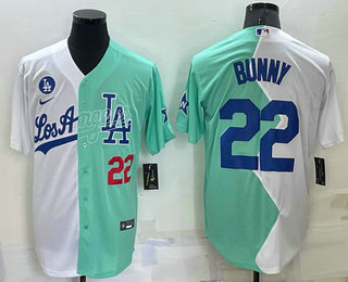 Men's Los Angeles Dodgers #22 Bad Bunny White Green 2022 All Star Cool Base Stitched Baseball Jersey 03