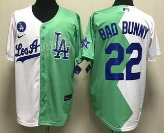 Men's Los Angeles Dodgers #22 Bad Bunny White Green 2022 Celebrity Softball Game Cool Base Jersey