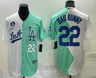 Men's Los Angeles Dodgers #22 Bad Bunny White Green Number 2022 Celebrity Softball Game Cool Base Jersey 01