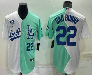 Men's Los Angeles Dodgers #22 Bad Bunny White Green Number 2022 Celebrity Softball Game Cool Base Jersey 02