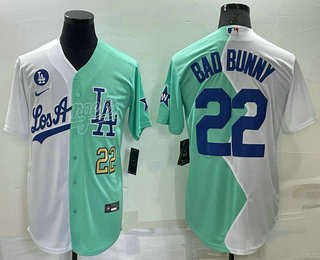 Men's Los Angeles Dodgers #22 Bad Bunny White Green Number 2022 Celebrity Softball Game Cool Base Jersey 03