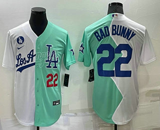 Men's Los Angeles Dodgers #22 Bad Bunny White Green Number 2022 Celebrity Softball Game Cool Base Jersey 04