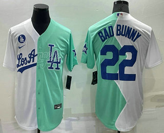 Men's Los Angeles Dodgers #22 Bad Bunny White Green Two Tone 2022 Celebrity Softball Game Cool Base Jersey