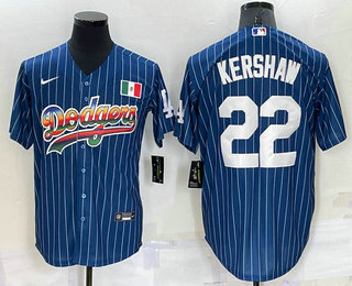 Men's Los Angeles Dodgers #22 Clayton Kershaw  Rainbow Blue Red Pinstripe Mexico Cool Base Nike Jersey