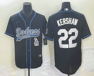 Men's Los Angeles Dodgers #22 Clayton Kershaw Black Cool Base Stitched Baseball Jersey 02