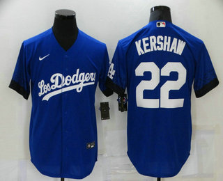 Men's Los Angeles Dodgers #22 Clayton Kershaw Blue 2021 City Connect Cool Base Stitched Jersey