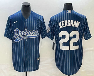 Men's Los Angeles Dodgers #22 Clayton Kershaw Blue Pinstripe Cool Base Stitched Baseball Jersey