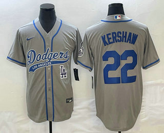 Men's Los Angeles Dodgers #22 Clayton Kershaw Grey Cool Base Stitched Baseball Jersey 01