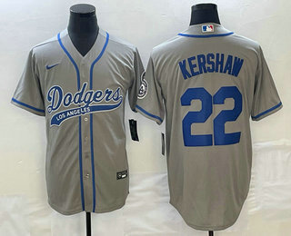 Men's Los Angeles Dodgers #22 Clayton Kershaw Grey Cool Base Stitched Baseball Jersey 02