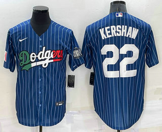 Men's Los Angeles Dodgers #22 Clayton Kershaw Navy Blue Pinstripe 2020 World Series Cool Base Nike Jersey