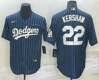 Men's Los Angeles Dodgers #22 Clayton Kershaw Navy Blue Pinstripe Stitched MLB Cool Base Nike Jersey