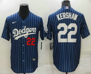 Men's Los Angeles Dodgers #22 Clayton Kershaw Navy Blue Pinstripe Stitched MLB Cool Base Nike Jersey