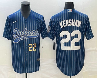 Men's Los Angeles Dodgers #22 Clayton Kershaw Number Blue Pinstripe Cool Base Stitched Baseball Jersey