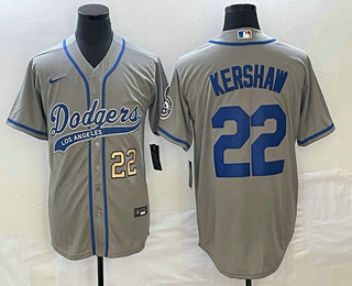 Men's Los Angeles Dodgers #22 Clayton Kershaw Number Grey Cool Base Stitched Baseball Jersey 01