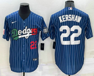 Men's Los Angeles Dodgers #22 Clayton Kershaw Number Navy Blue Pinstripe 2020 World Series Cool Base Nike Jersey 01