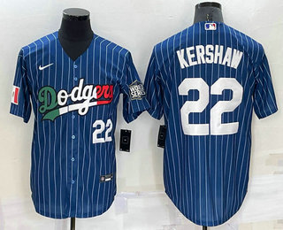 Men's Los Angeles Dodgers #22 Clayton Kershaw Number Navy Blue Pinstripe 2020 World Series Cool Base Nike Jersey