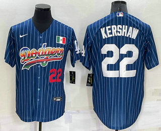 Men's Los Angeles Dodgers #22 Clayton Kershaw Number Rainbow Blue Red Pinstripe Mexico Cool Base Nike Jersey 01