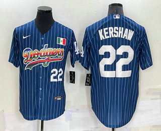 Men's Los Angeles Dodgers #22 Clayton Kershaw Number Rainbow Blue Red Pinstripe Mexico Cool Base Nike Jersey